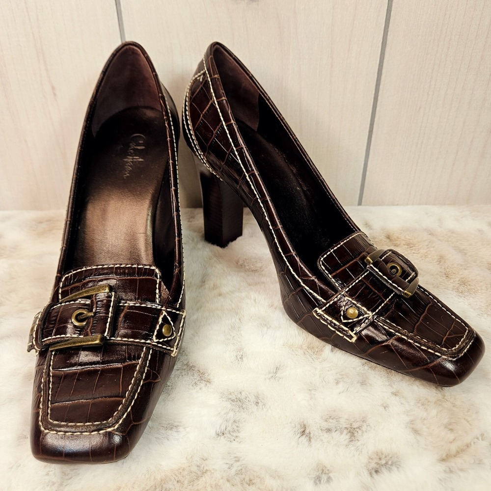 Cole Haan Brown Croc Embossed Leather Heeled Loafer 8.5 Officecore Dark Academia